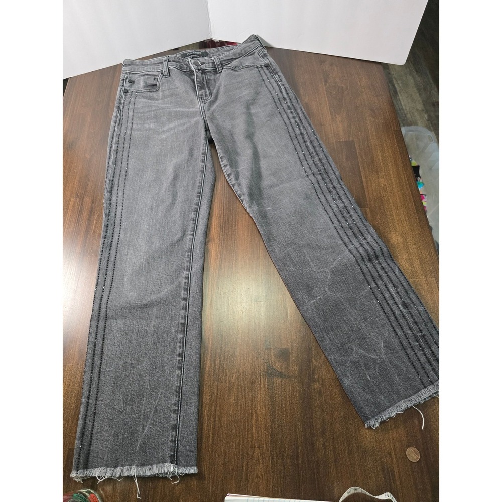 Liverpool Los Angeles Grey Rhinestone Stripe Straight Leg Frayed Hem Jeans 4/27